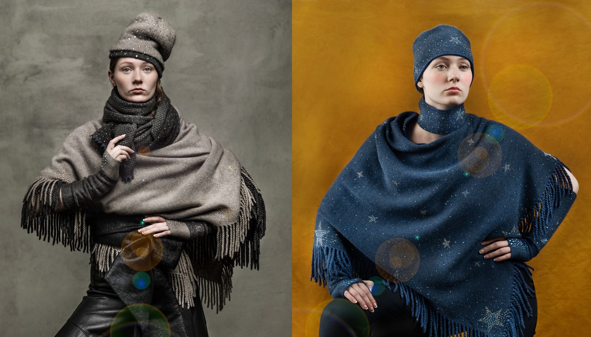 Split editorial of Elyse Allen Textiles - models wearing high fashion cashmere clothing and accessories embellished with Swarovski crystals.