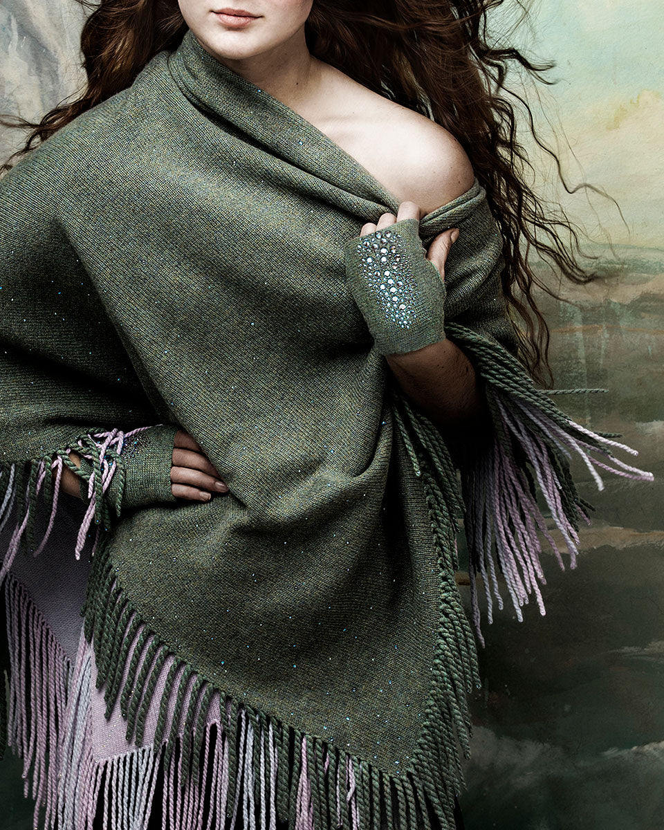 Model wearing Swarovski crystal embellished cashmere poncho and fingerless gloves by Elyse Allen Textiles.