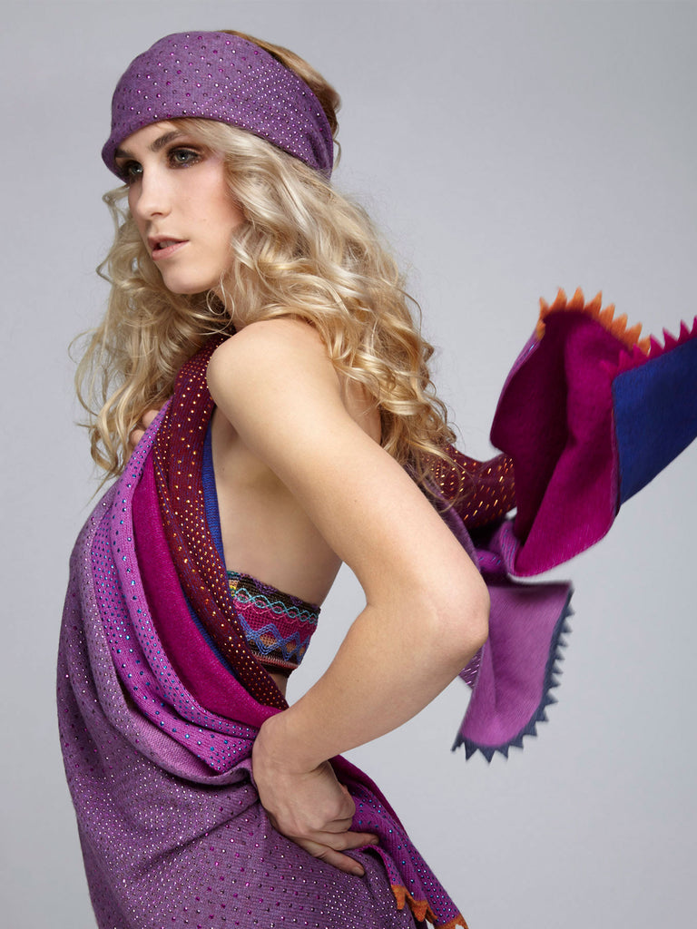 Model wearing purple Studded Shawl by Elyse Allen Textiles.