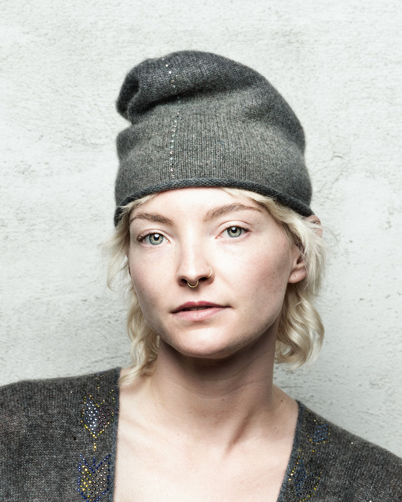 Model wearing Ivory Epaulette Cloche embellished with Swarovski crystals.