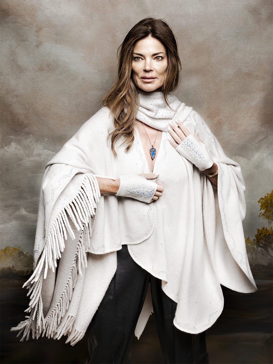 High fashion model wearing luxury cashmere clothing by Elyse Allen Textiles with Swarovski crystal embellishments.