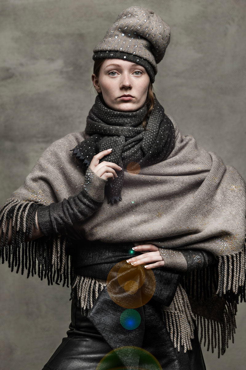 Mobile banner for scarves collection showing a model wearing luxury fashion crystal embellished cashmere.