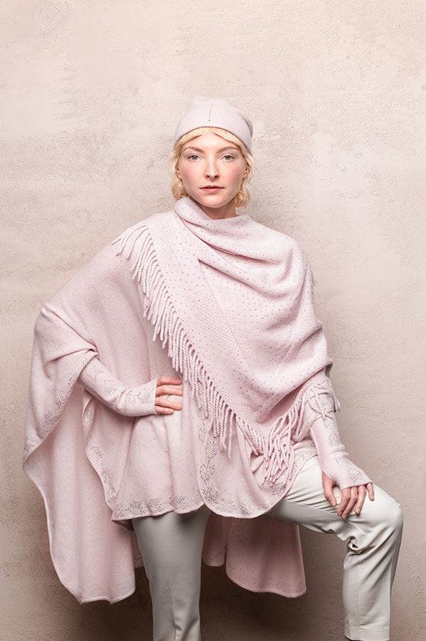 Mobile Banner for Ponchos collection showing crystal embellished cashmere by Elyse Allen Textiles.