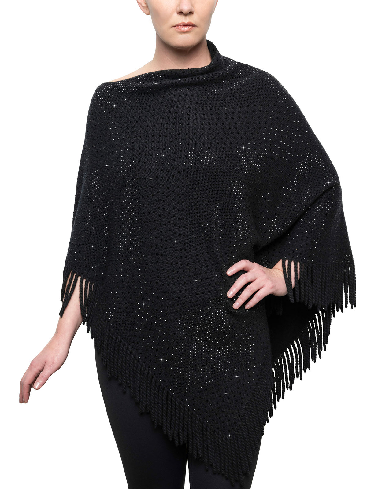 High fashion crystal poncho covered with thousands of black Swarovski crystals. Shown in the color black.