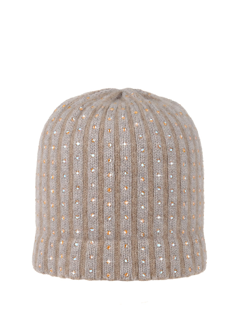 Knitted cashmere winter hat with large Swarovski crystals decorating the vertical stripes. Shown in the color Chanterelle.