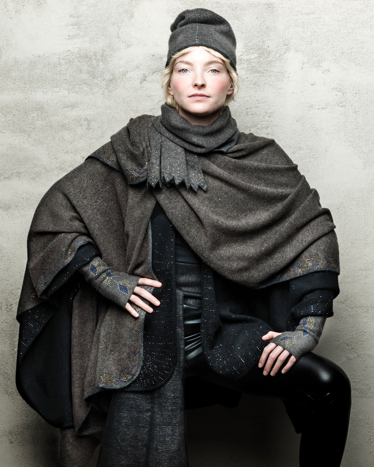 Derby Grey Heavy Weight Sashiko Arrow Ruana editorial-image.