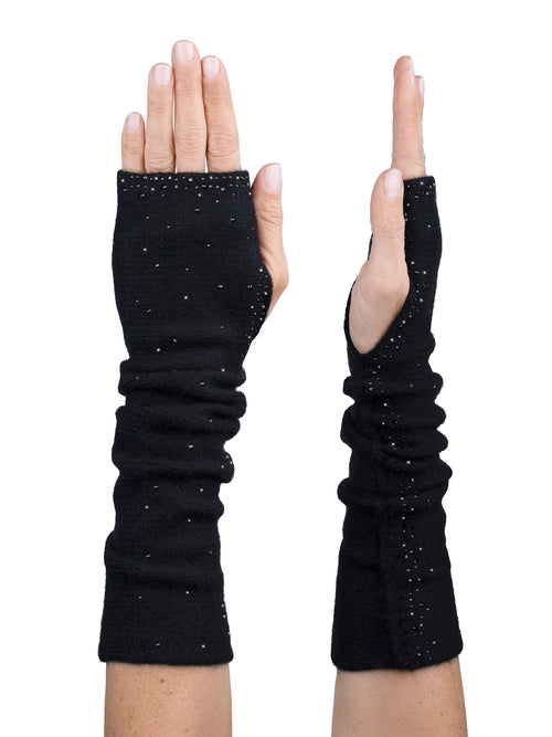 Black elbow length gloves made of luxury cashmere and black Swarovski crystals.
