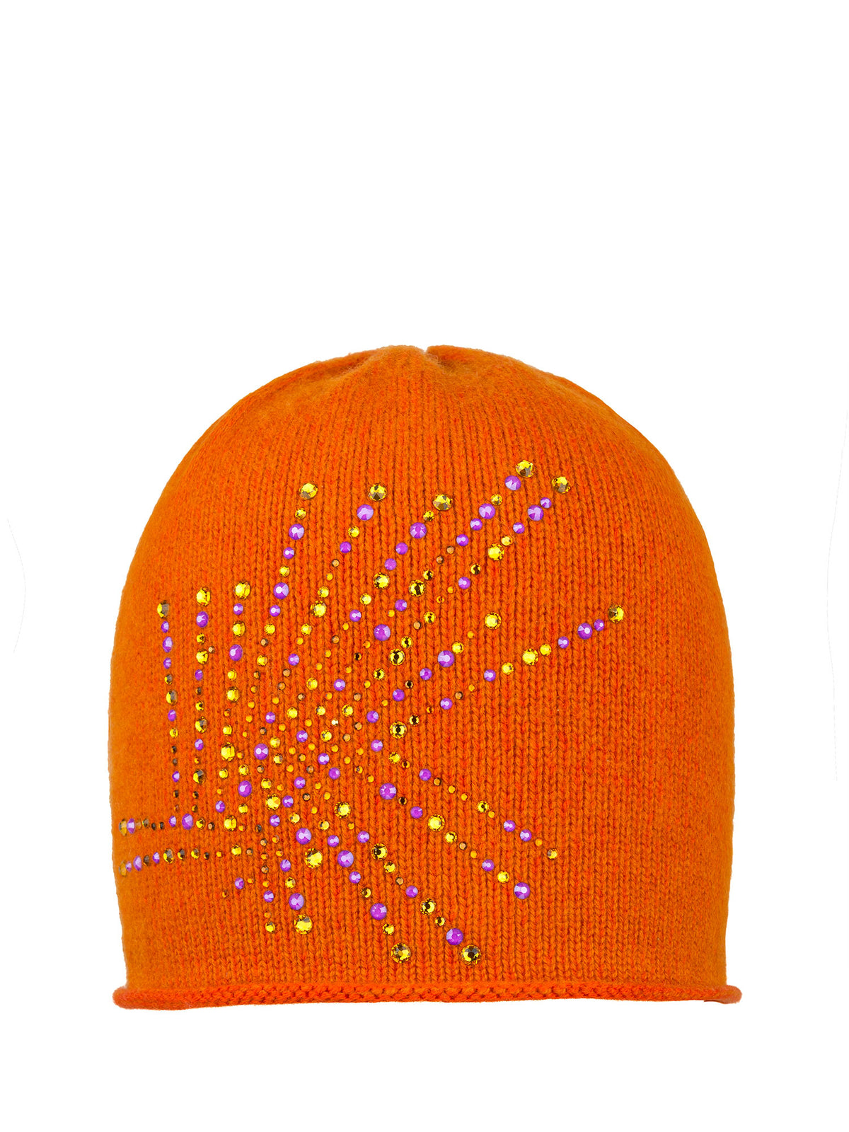 Saffron orange colored luxury winter hat with yellow and lavender Swarovski crystal embellishments in an epaulette design.