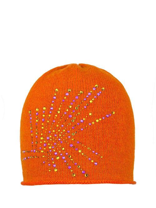 Saffron orange colored luxury winter hat with yellow and lavender Swarovski crystal embellishments in an epaulette design.