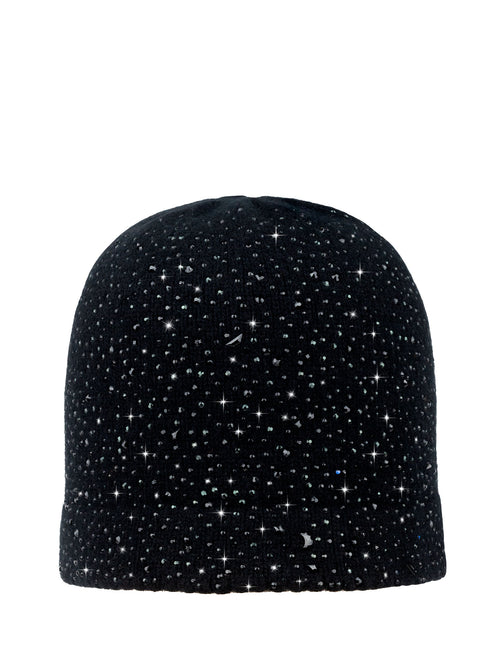 Black cashmere Estrella Cloche completely covered in different shapes and sizes of Swarovski crystals and rhinestone.