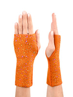 Bright saffron colored crystal embellished fingerless gloves made of fine cashmere. 