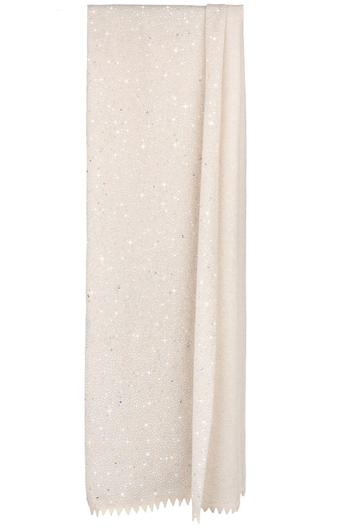 Luxury winter shawl in Ivory covered from top to bottom in thousands of Swarovski crystals and metal studs made by designer, Elyse Allen Textiles.