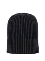 Black and grey striped warm winter unisex beanie made of high end cashmere fabric by Elyse Allen Textiles.
