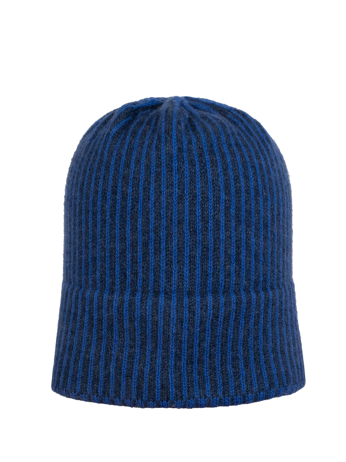 Blue striped warm cashmere beanie by Elyse Allen Textiles.