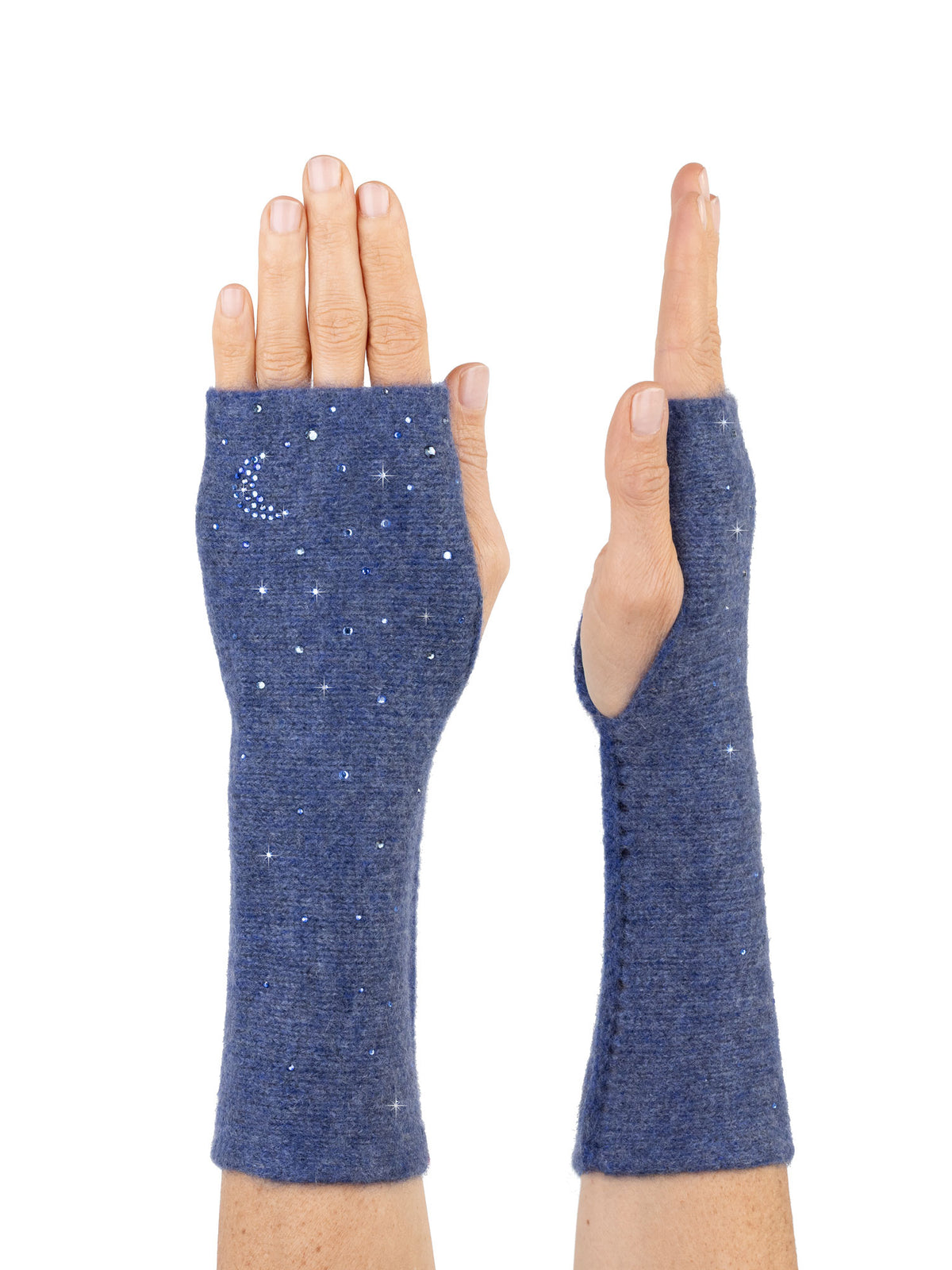 Blue fingerless gloves made of fine cashmere with sparkles of Swarovski crystals on a white background.