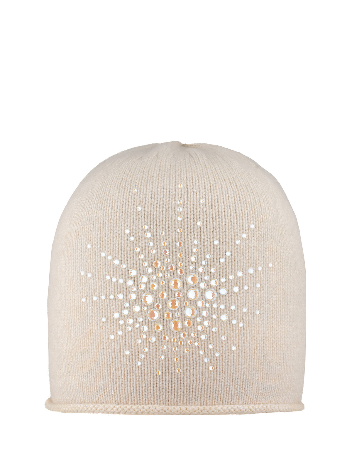 Ivory colored cashmere Sea Urchin Cloche embellished with ivory Swarovski  crystals on the front forming a sea urchin pattern.
