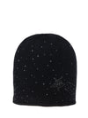 Black cashmere beanie with black Swarovski crystals in a shooting star pattern.