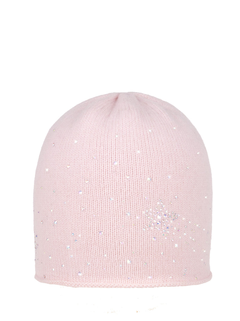 Cherry Blossom colored high end cashmere hat with a shooting star embellishment in Swarovski crystals.