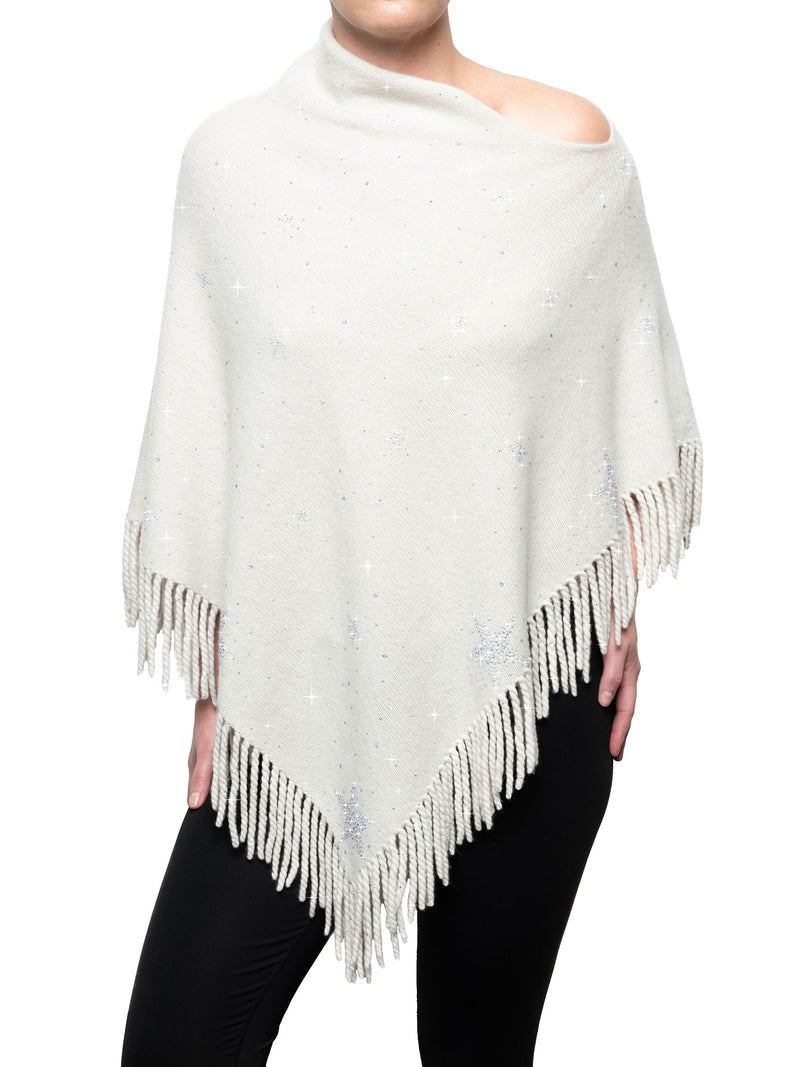 Luxury white sparkling Shooting Star Poncho made of Cashmere and Swarovski crystals.