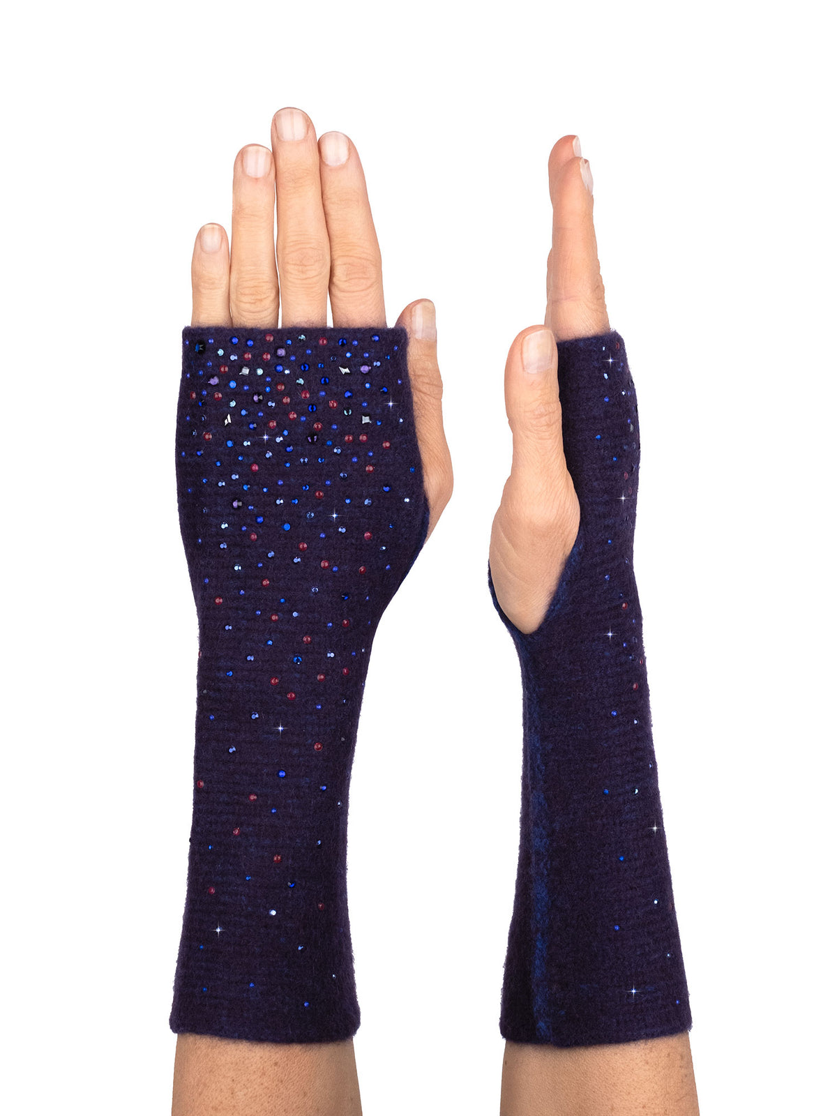 Plum colored crystal covered fingerless gloves.