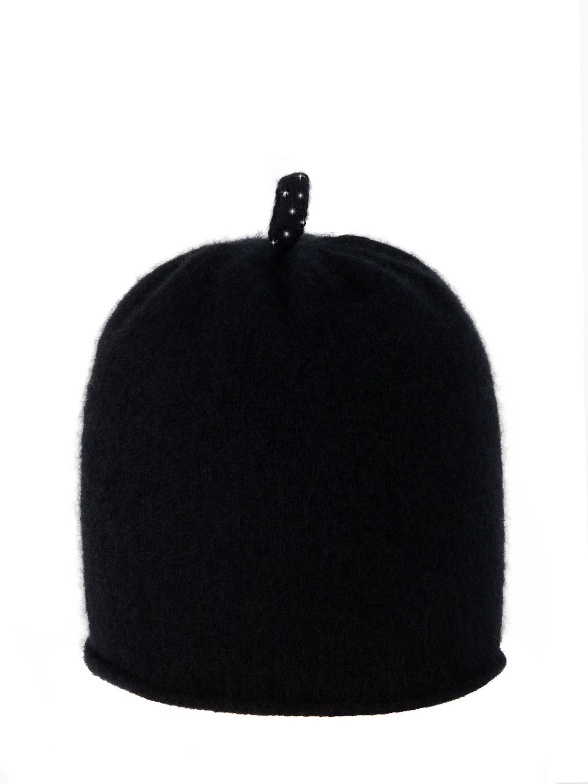 Super soft cashmere beanie with a top loop adorned with black Swarovski crystals. Made by Elyse Allen Textiles