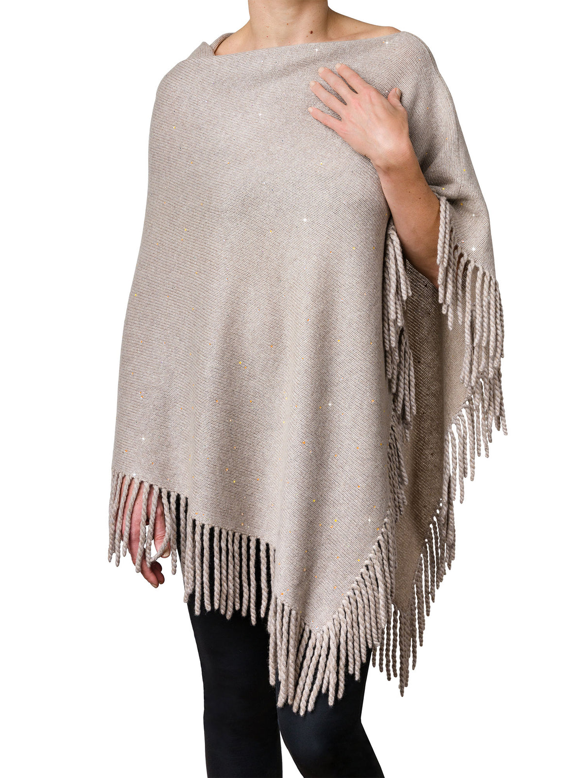 Chanterelle colored cashmere crystal embellished Constellation Poncho with cabled fringe.