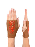 Chestnut Cropped Stingray Fingerless Gloves with orange Swarovski crystals.