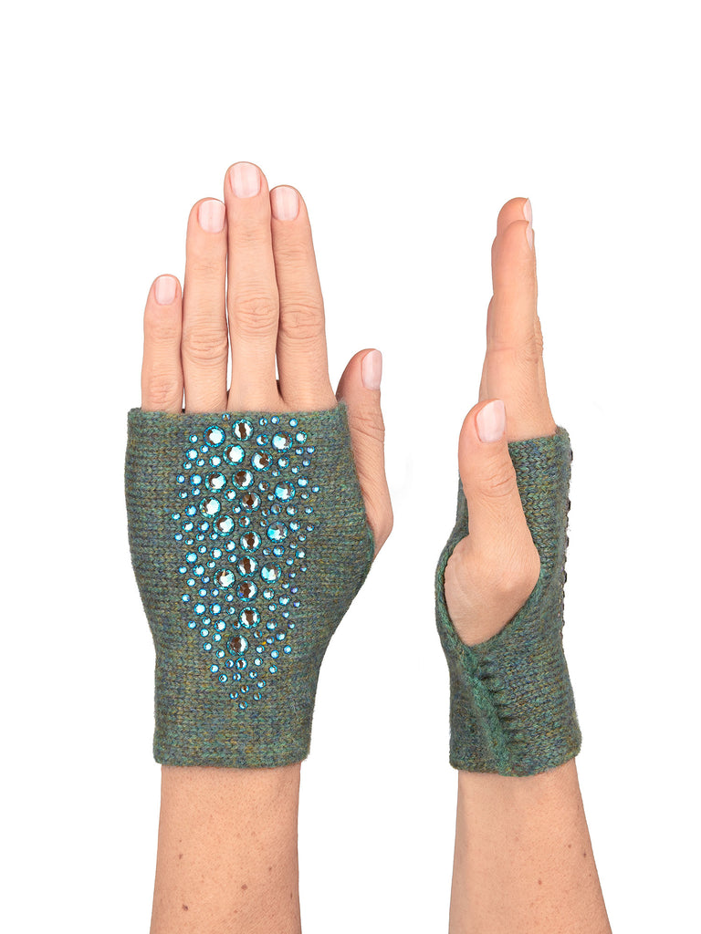 Sage colored Cropped Stingray Fingerless Gloves with aqua European crystals.