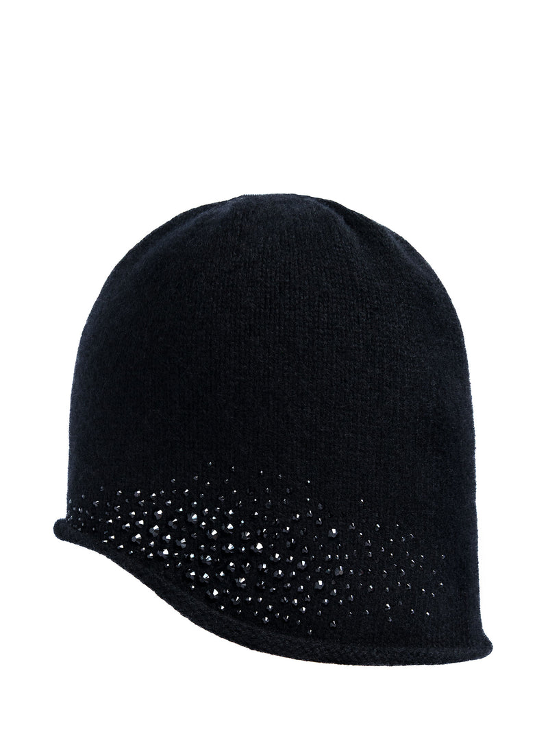 Black colored cashmere Dragon Cloche with black Swarovski crystals decorating the slouch brim.