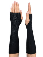 Black Elbow Length Dragon Gloves with black Swarovski crystals.