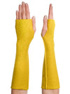 Elbow Length Turmeric Dragon Fingerless Gloves embellished with yellow crystals.