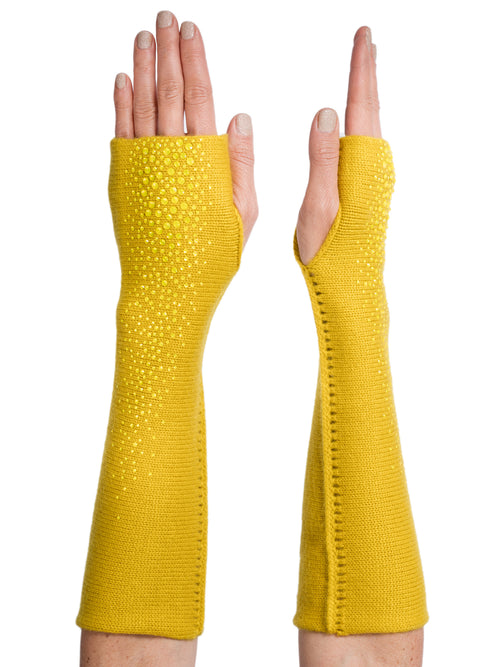 Elbow Length Turmeric Dragon Fingerless Gloves embellished with yellow crystals.