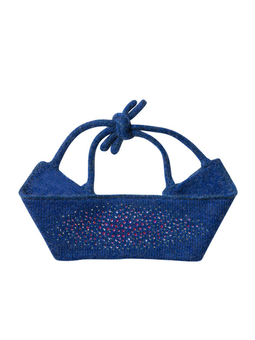 Indigo blue colored cashmere crystal embellished Dragon Headband by Elyse Allen Textiles.