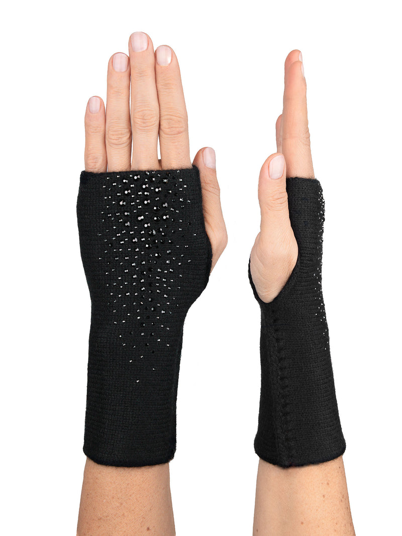 Black fingerless gloves with black Swarovski luxury crystals by Elyse Allen Textiles.