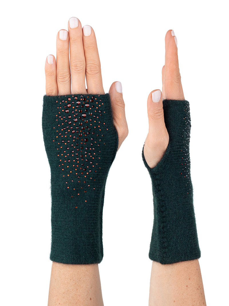 Dark Green Dragon mid length fingerless gloves with mocha colored luxury crystals embellished on the front in a dragon pattern.
