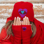 Cardinal colored Heart Applique Gloves and Hat. editorial-image
