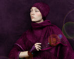 Model wearing Bordeaux colored Starry Night Shawl by Elyse Allen Textiles. editorial-image