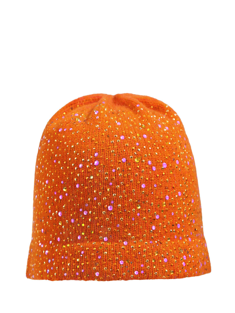 Bright Saffron Orange winter hat made of cashmere and fully covered in Swarovski crystals and metal rhinestones. Made by textile artist, Elyse Allen in Santa Fe, New Mexico.