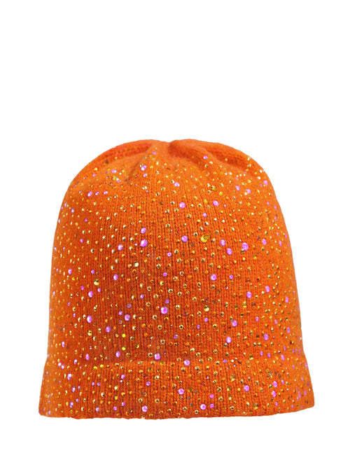 Bright Saffron Orange winter hat made of cashmere and fully covered in Swarovski crystals and metal rhinestones. Made by textile artist, Elyse Allen in Santa Fe, New Mexico.