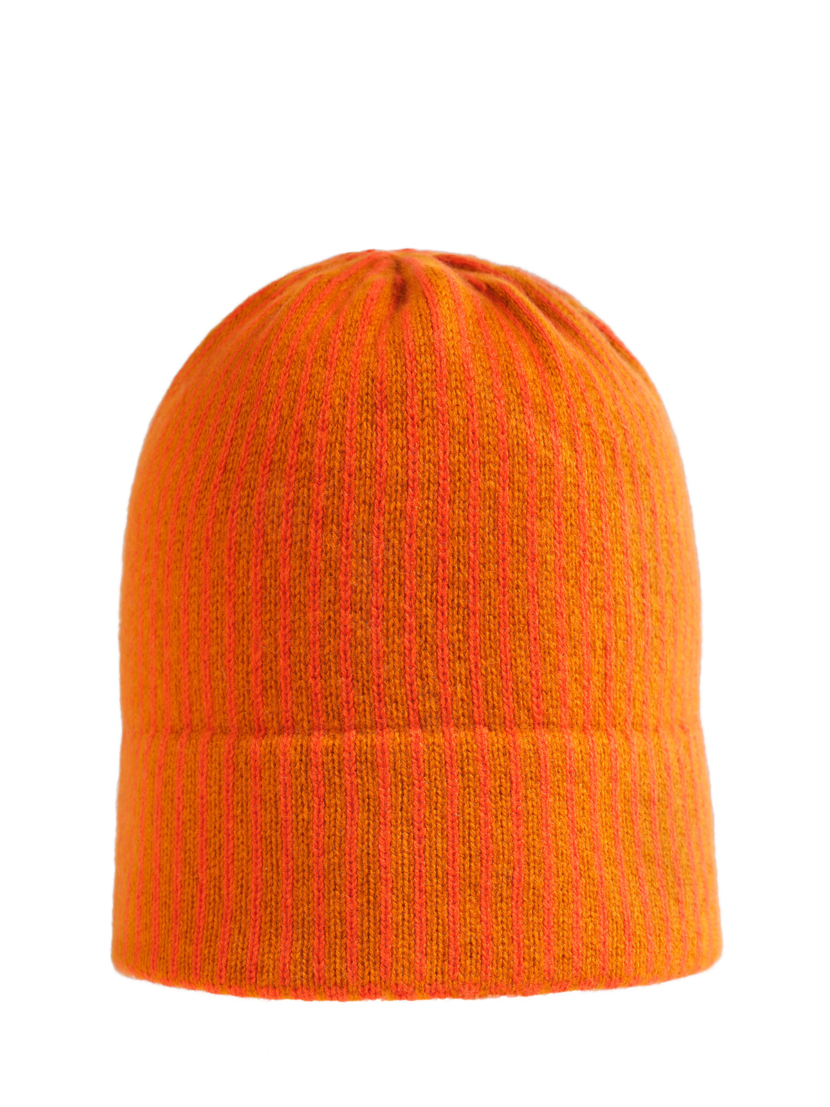 Saffron Fairisle Cashmere Hat with the brim folded down.