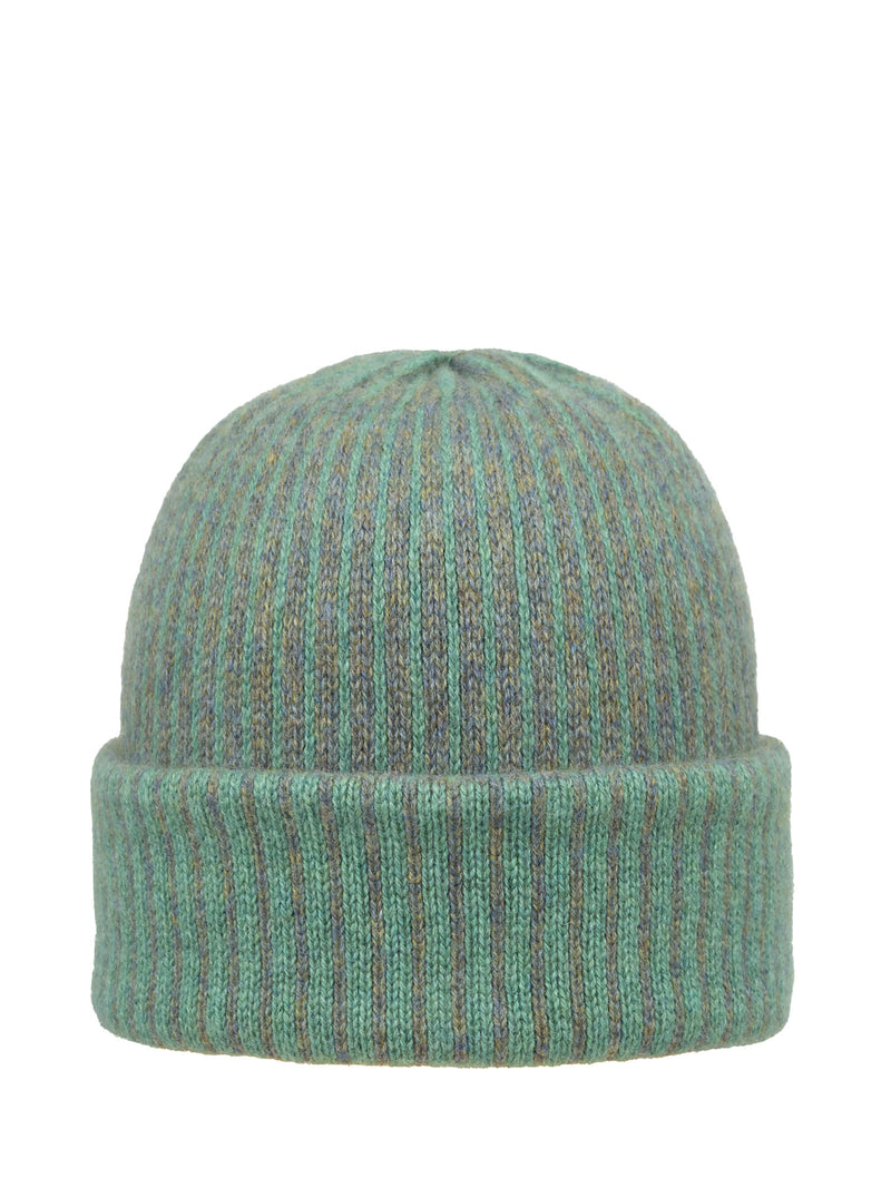 Luxury cashmere winter cloche in the color "Sage" shown with the brim folded up.