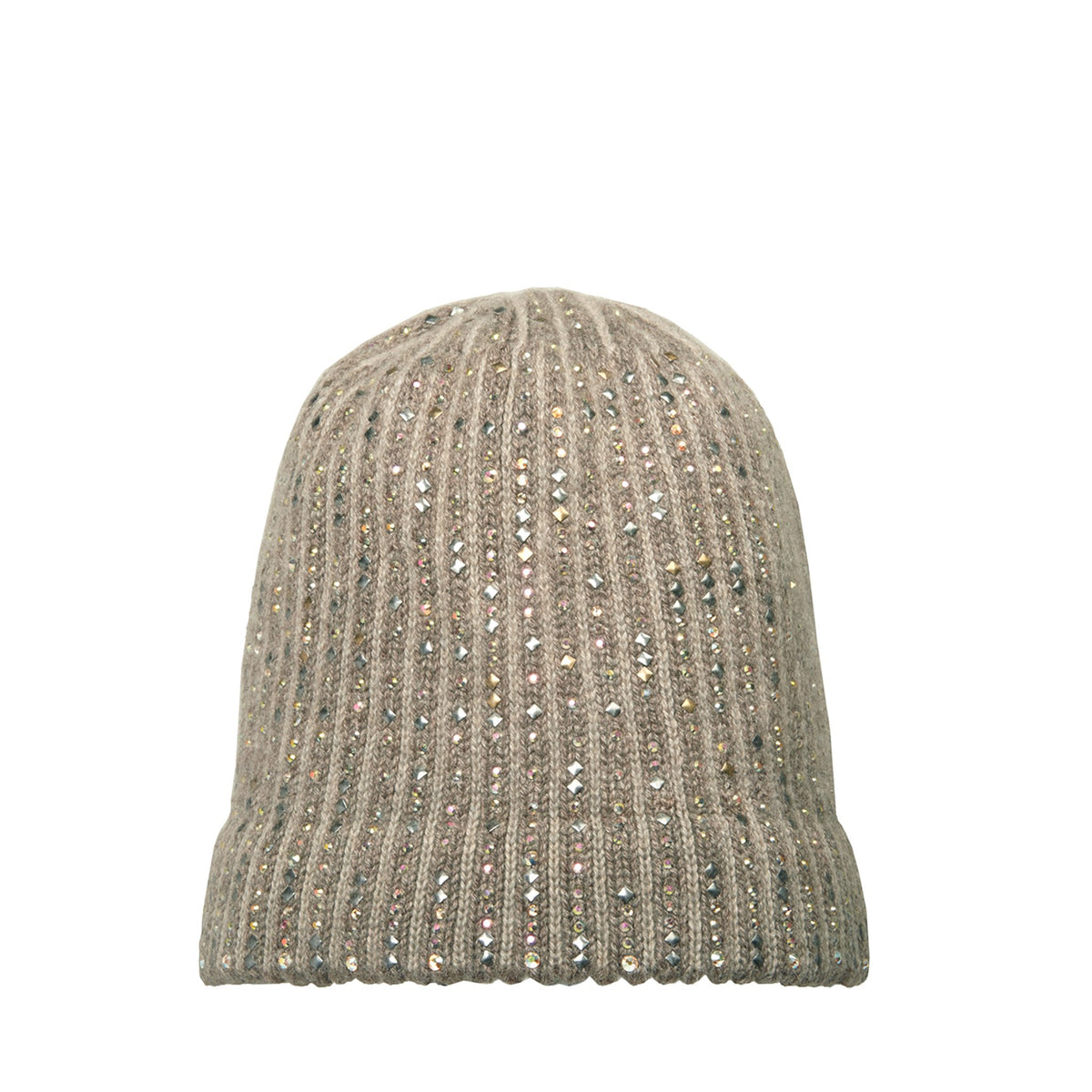 5-ply cashmere Lattice Deluxe Hat heavily embellished with alternating stripes of crystals and tiny diamond metal nailheads by Elyse Allen Textiles.