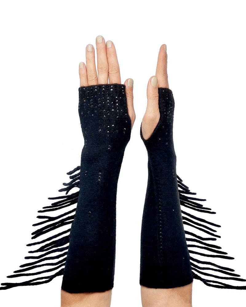 Cashmere Elbow Length Lattice Gloves embellished with a mix of tiny square nail heads and small crystals.