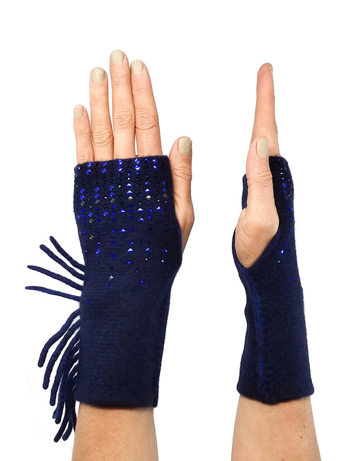 Indigo Mid Length Fringe Lattice Gloves embellished with a mix of tiny metal rhinestones and small crystals by Elyse Allen Textiles.