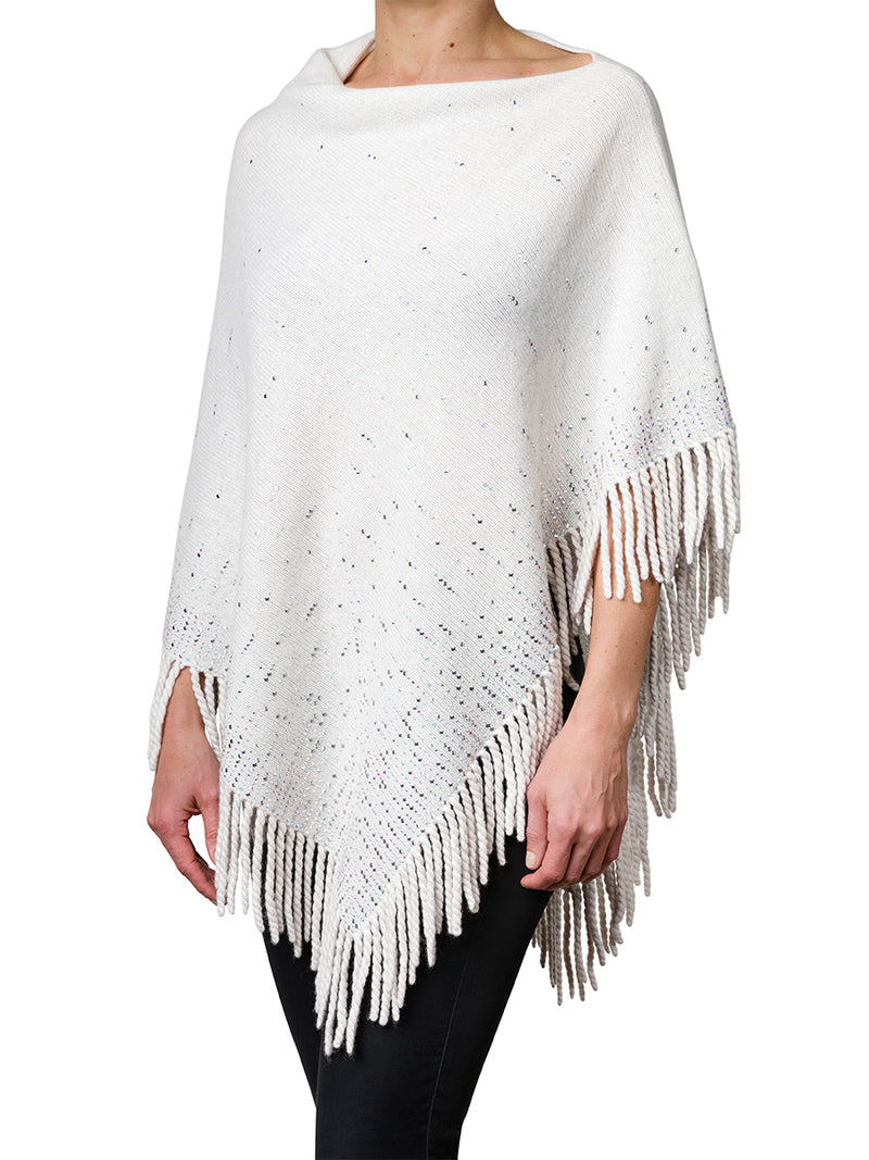 Wisp cashmere crystal and square nailhead embellished Lattice Fringe Poncho with thick cabled fringe along the bottom.