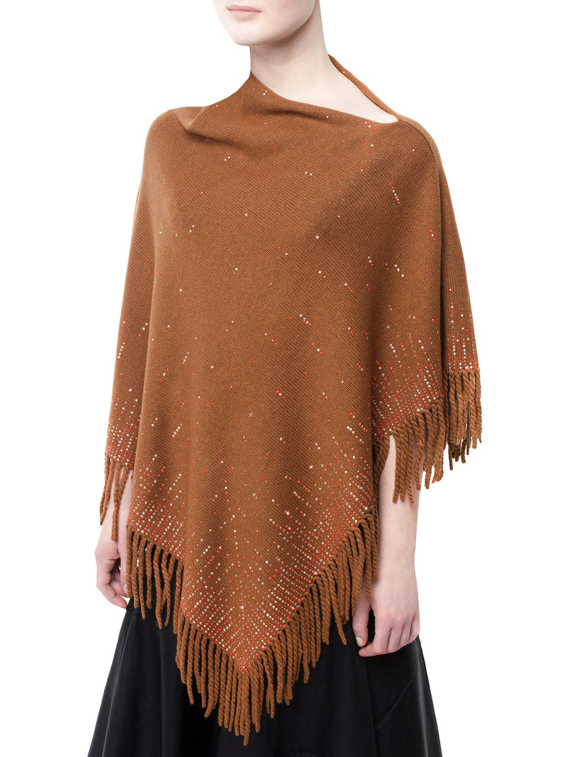 Chestnut Lattice Fringe Poncho with red-orange crystals and silver rhinestuds.
