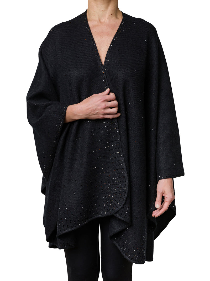 Black Heavy Weight Ruana made of cashmere and fine Austrian crystals lining the edges.