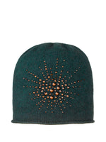 Forest Green cashmere cloche with amber colored Swarovski crystals forming a sea urchin pattern on the front. 