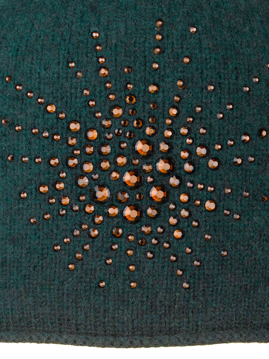 Dark Green Sea Urchin Cloche fabric swatch with amber colored Swarovski crystals.