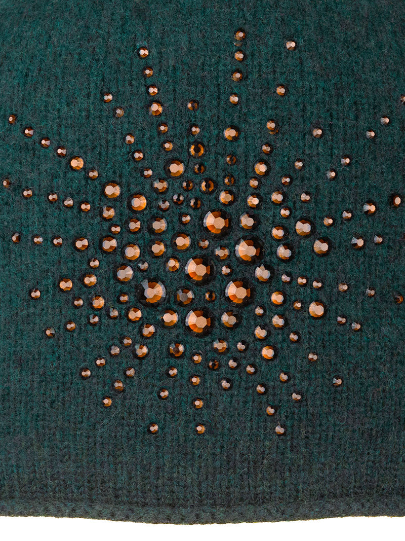 Dark Green Sea Urchin Cloche fabric swatch with amber colored Swarovski crystals.